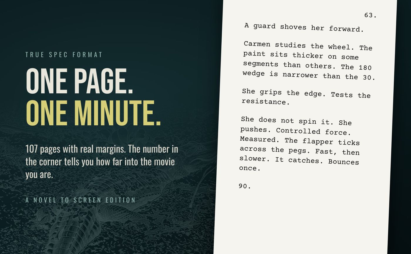 A screenplay page from Live Feed in Courier type: one page, one minute